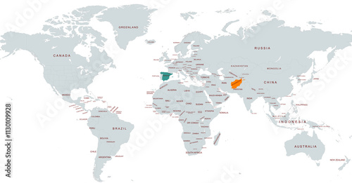 World Map Highlighting Specific Afghanistan and  spain Countries in Color Highlight