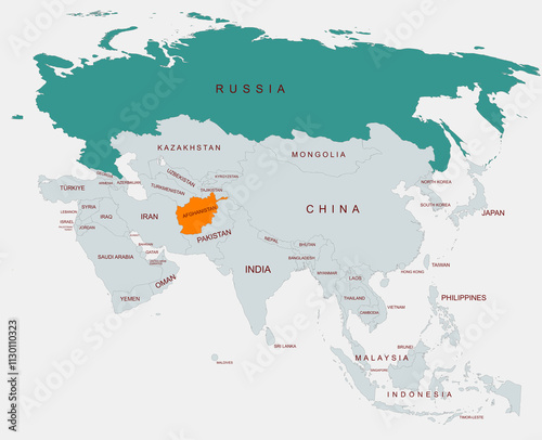 Political Map of Asia Highlighting Afghanistan and  russia With Country Names