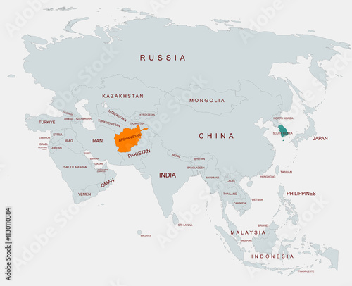 Political Map of Asia Highlighting Afghanistan and  south korea With Country Names