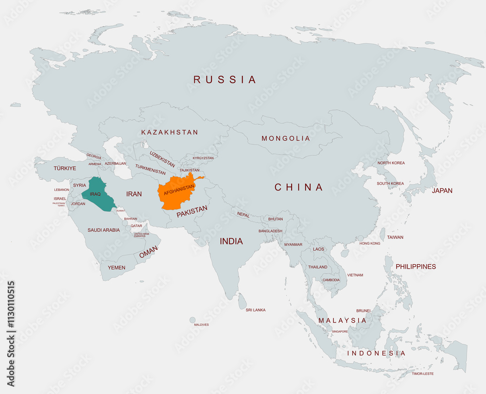 Obraz premium Political Map of Asia Highlighting Iraq and Afghanistan With Country Names