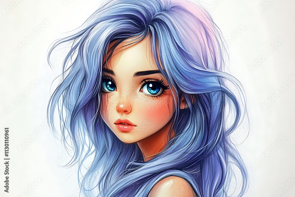Obraz premium A digital illustration of a girl with blue hair and expressive eyes, conveying a whimsical mood.