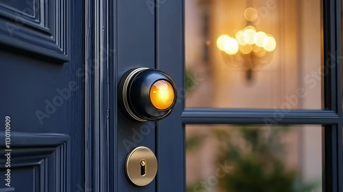 Home entrance with modern doorbell and stylish lighting creating an inviting atmosphere at dusk