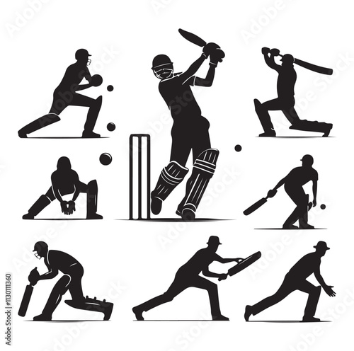 Cricket player set Silhouette vector illustration