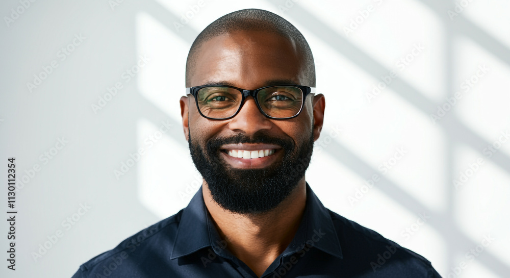Fototapeta premium A smiling man with glasses and a beard wearing a dark shirt, standing in a brightly lit modern setting