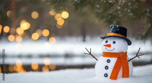 A snowman with a black hat ...