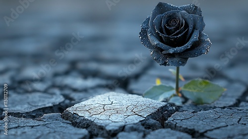 A solitary black rose slowly wilting on a cracked marble tombstone with soft mist rising from the ground symbolizing the quiet inevitability of death