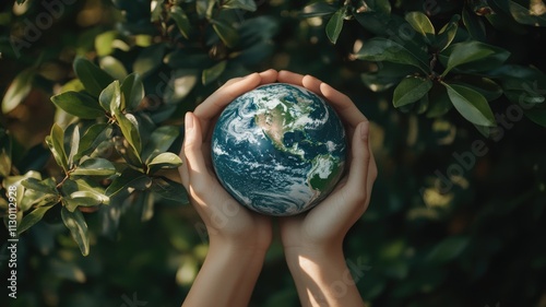 hands holding the Earth , symbolizing environmental protection and sustainability , set against an outdoor background,generative ai photo