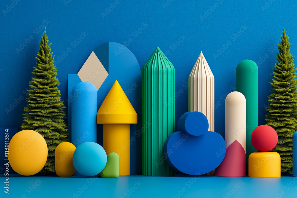 Obraz premium A group of colorful geometric shapes on a blue background