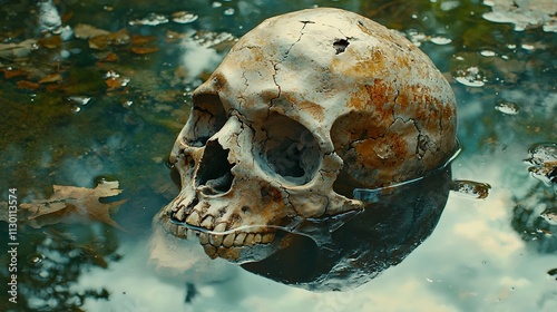 Weathered Skull Submerged in Reflective Pond   Death as Part of Nature s Cycle photo