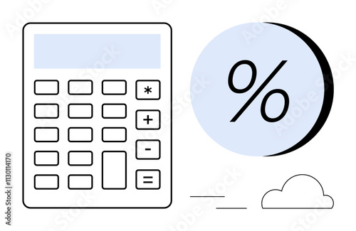 Calculator with a detailed keypad next to a large percentage symbol and a small cloud icon. Ideal for finance, accounting, mathematics, education, budgeting, tax calculations, and economic planning