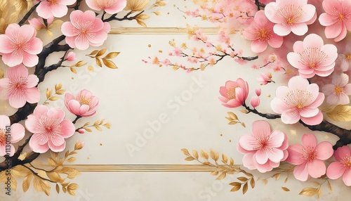 伝統的な和風デザインと桜のメッセージカード背景Traditional Japanese style design and cherry blossom message card background