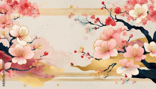 伝統的な和風デザインと桜のメッセージカード背景Traditional Japanese style design and cherry blossom message card background
