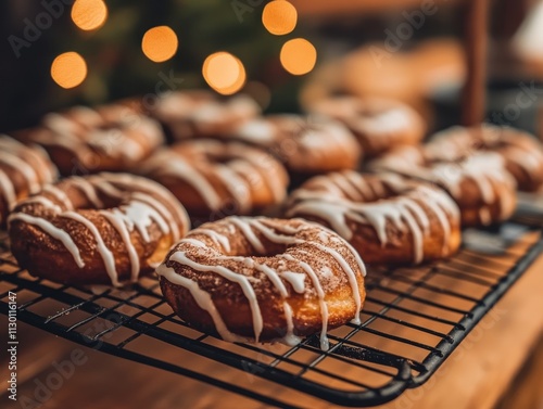 Delicious Cinnamon Sugar Donuts Cooling Rack Festive Lights Bakery photo