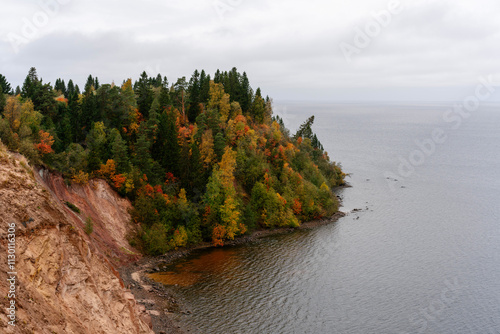 stunning view in autumn of Lake Onega, Cape Andoma (Andoma Mountain),
