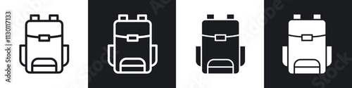 Backpack icons pack in black and white filled and outlined versions.