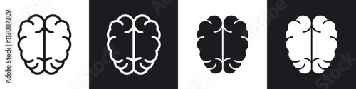 Brain icons pack in black and white filled and outlined versions.