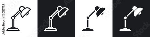 Desk lamp icons pack in black and white filled and outlined versions.