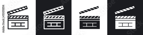 Film clapperboard icons pack in black and white filled and outlined versions.