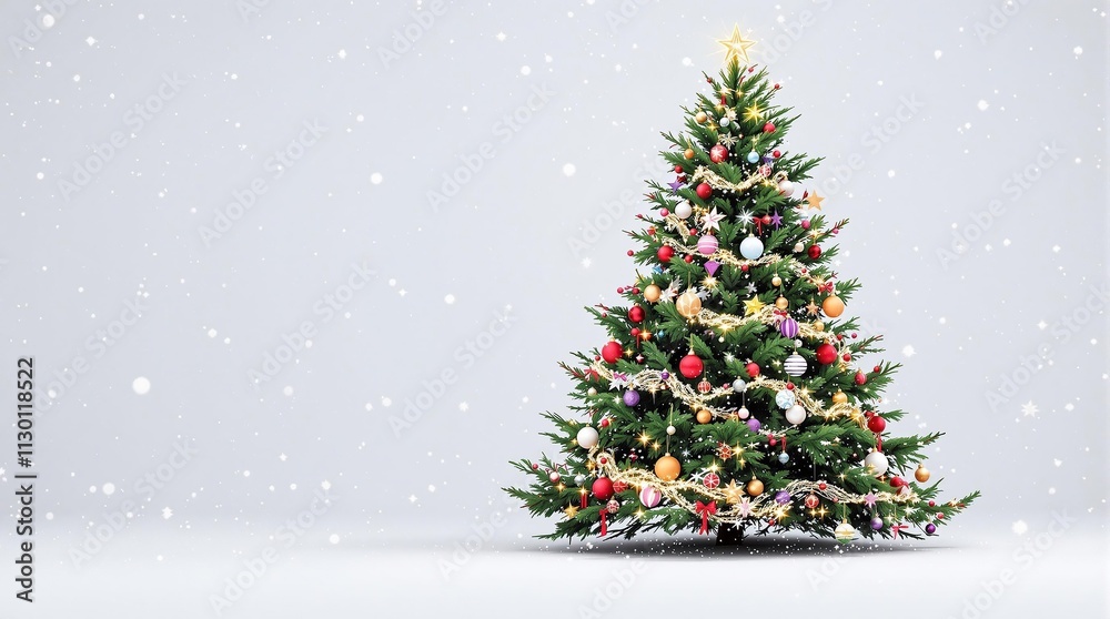 Evergreen tree in a festive holiday setting with ornaments and garland, winter wonderland, garland, cozy atmosphere, sparkling ornaments Evergreen tree in a festive holiday setting with ornaments and garland, winter wonderland, garland, cozy atmosphere, sparkling ornaments