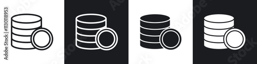 Money coin icons pack in black and white filled and outlined versions.