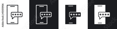 Otp sms password icons pack in black and white filled and outlined versions.