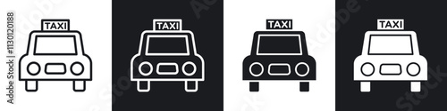 Taxi icons pack in black and white filled and outlined versions.