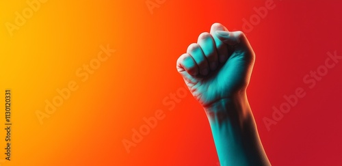 Banner with  fist clenched in the air. Free space for text. Human rights day. Power, victory, revolution concept.