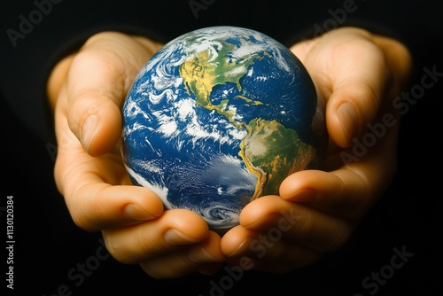 The hands holding the earth,  supporting the world. World environment day
