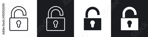 Unlock icons pack in black and white filled and outlined versions.