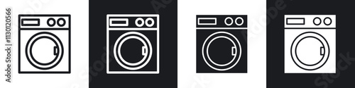 Washing machine icons pack in black and white filled and outlined versions.