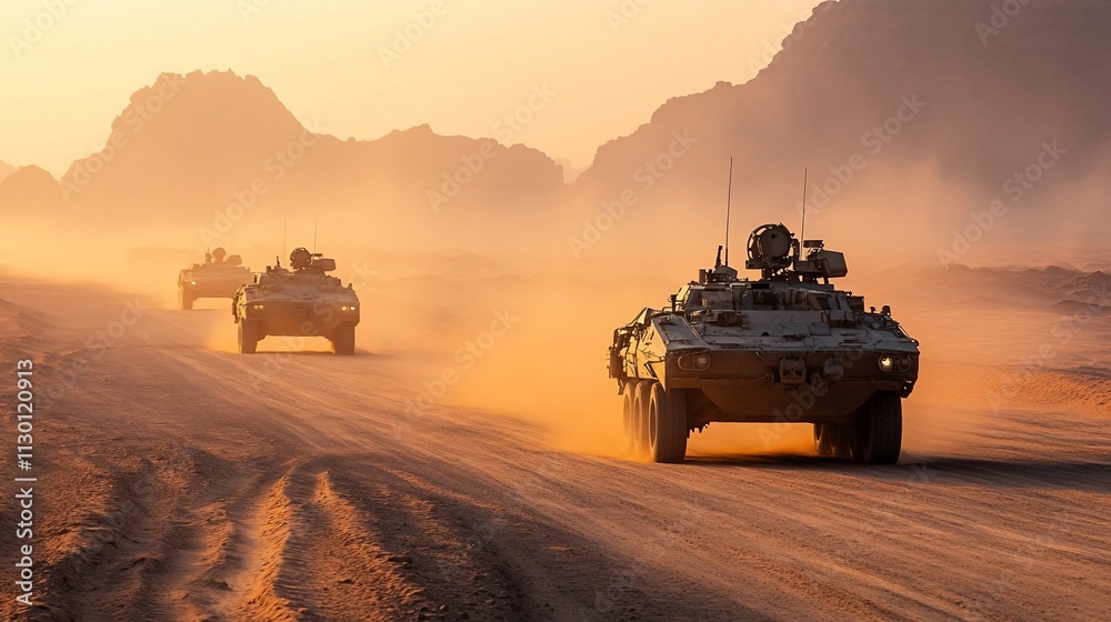 Fototapeta premium Military vehicles convoy traversing a dusty desert road at sunset.