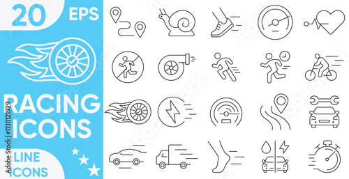 Racing line icons related to speed. Linear icon collection.Racing sport icon elements. Containing runner, race, finish line, treadmill and timer chronometer icons.