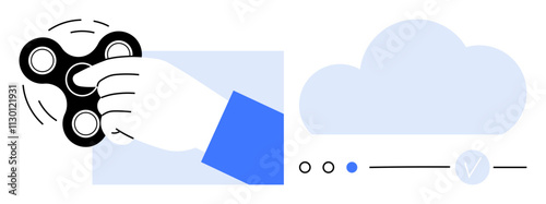 Hand gripping and spinning fidget spinner, accompanied by cloud image and progress bar. Ideal for stress relief, modern tech, productivity, cloud technology, data sync, relaxation, digital