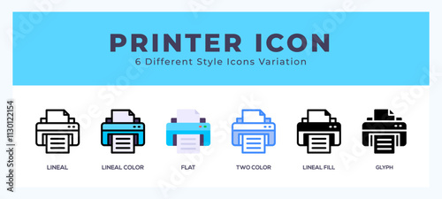 Printer icon set. outline. glyph black. flat color and filled line color