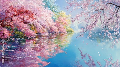 A painting of a river with cherry blossoms on the trees. The painting is full of color and has a peaceful, serene mood