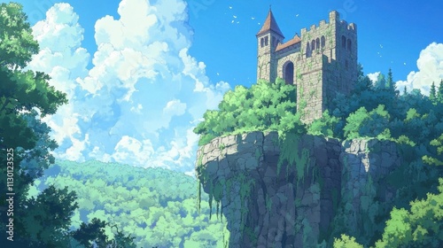 A castle is on top of a hill with a lush green forest below. The sky is blue with some clouds