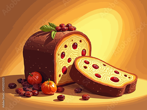 illustration of the sliced Panettone with candied fruit and raisins 