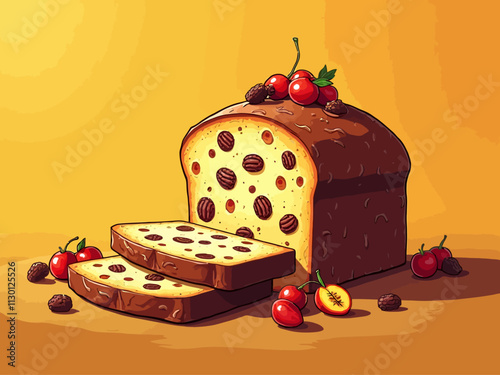 illustration of the sliced Panettone with candied fruit and raisins 