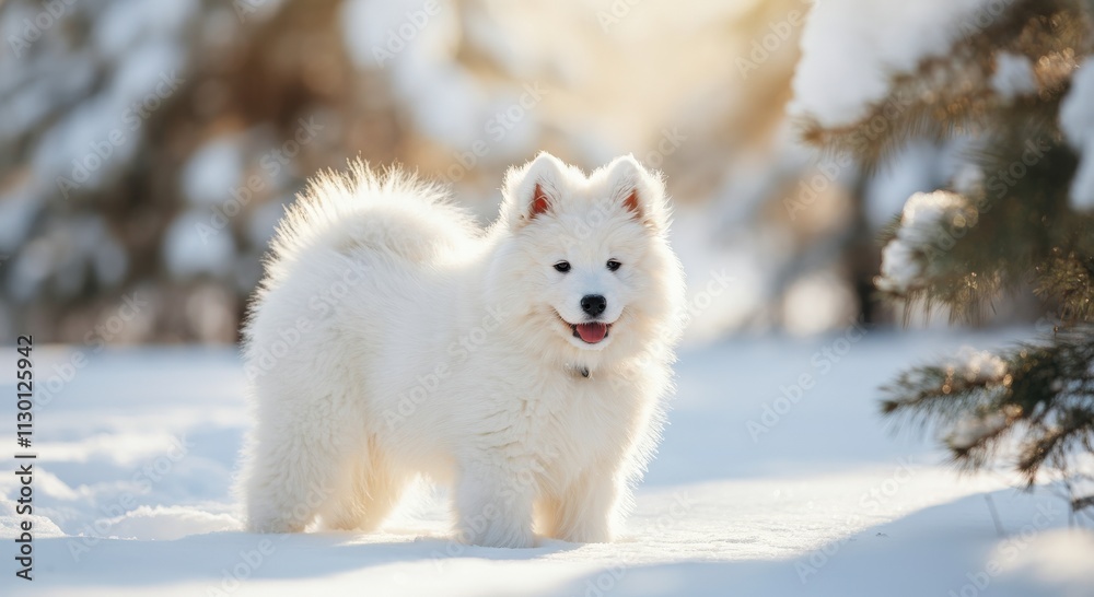 Obraz premium Fluffy samoyed puppy exploring a snowy winter landscape