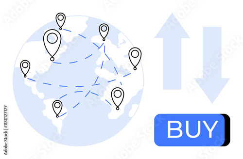 Globe with marked locations connected by dashed lines, up and down arrows, and a buy button. Ideal for e-commerce, logistics, global trade, purchasing, distribution, international business, network