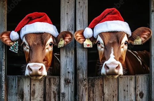 Two cows wearing Christmas hats with Santa hats in the barn photo