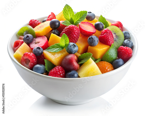 Mixed Fruit Salad in a White Bowl – Healthy and Refreshing Dish, Transparent PNG.