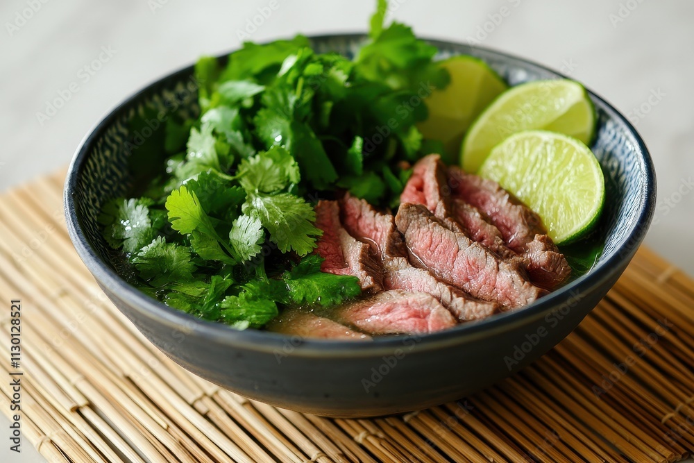 A bowl of sliced beef with fresh cilantro and lime wedges, ready to be enjoyed. A bowl of sliced beef with fresh cilantro and lime wedges, ready to be enjoyed.
