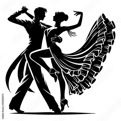 couple dancers black silhouette on competition in ballroom dancing
