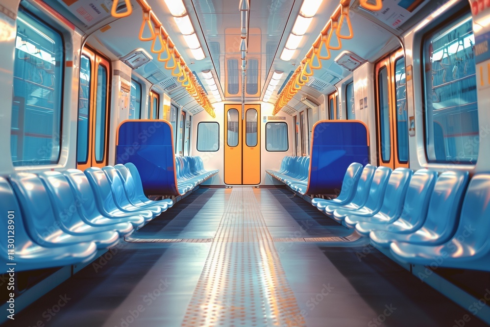Fototapeta premium Empty seats on a brightly lit train