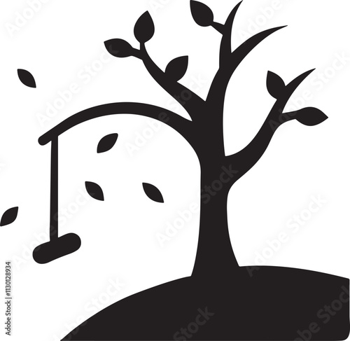 A solitary tree with falling leaves and a swing tied to its branch on a hill.
