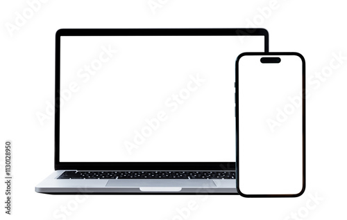 Laptop computer and mobile phone with blank screen isolated on white background, clipping path