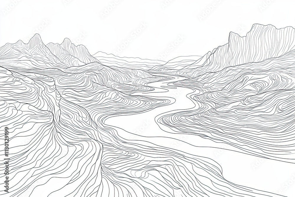 Fototapeta premium Abstract Line Drawing of Mountains and River Valley