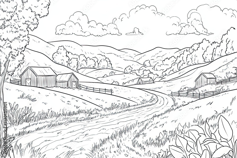 Fototapeta premium Rural Landscape Featuring Barns and Rolling Hills