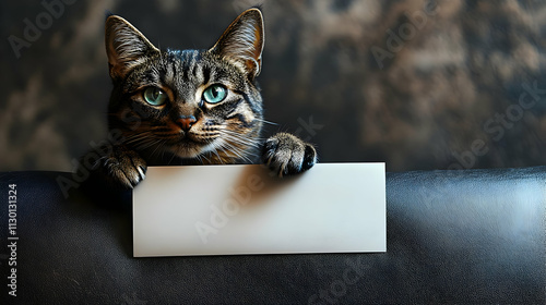 Cute Cat Holds Blank Sign, ...